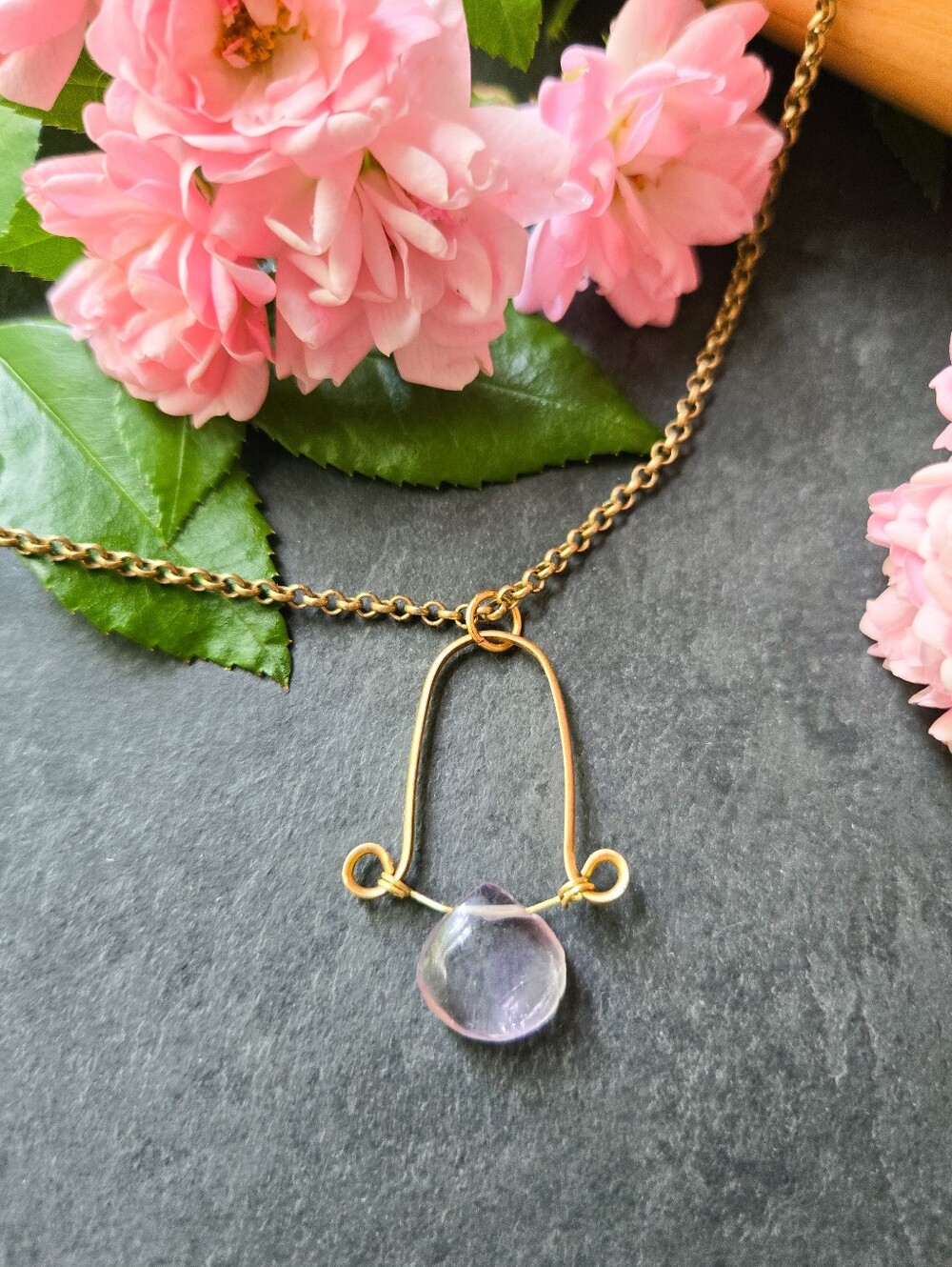 NWT Amethyst Droplet Brass Arc Necklace
